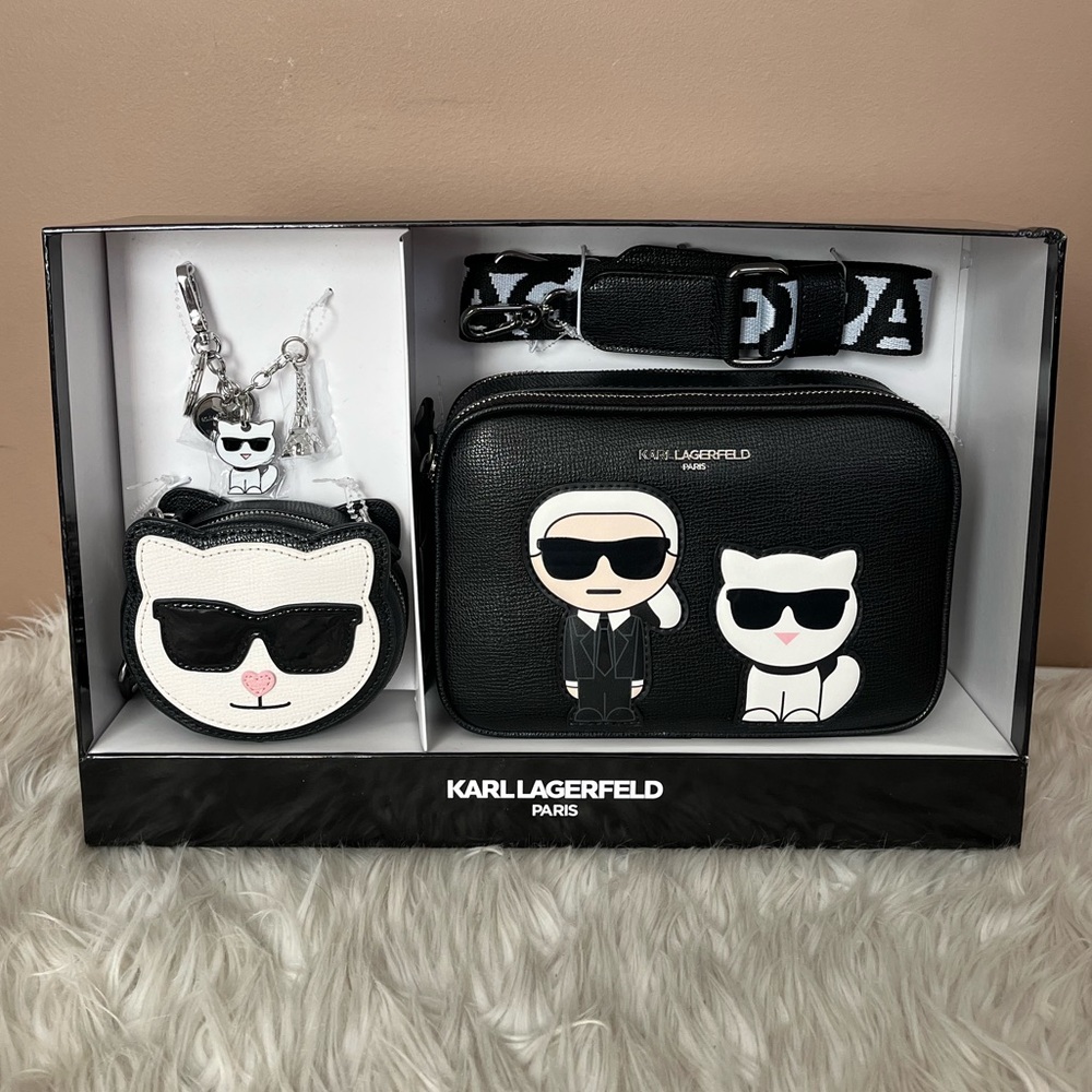 {Karl Lagerfeld} Double Zip Crossbody Camera Bag + Mini Choupette Bag + Keychain